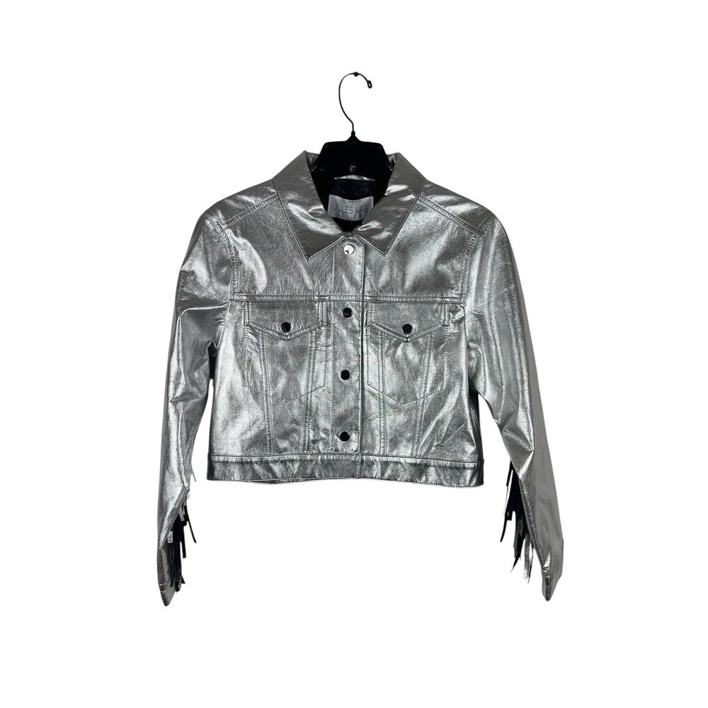 Free People x Jules Kae Jacket XS Silver Metallic Vegan Leather Fringe NWT